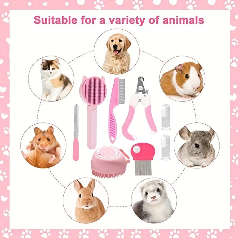 Purrfectly Pampered: 8-Piece Pink Grooming Kit for Cats & Small Pets