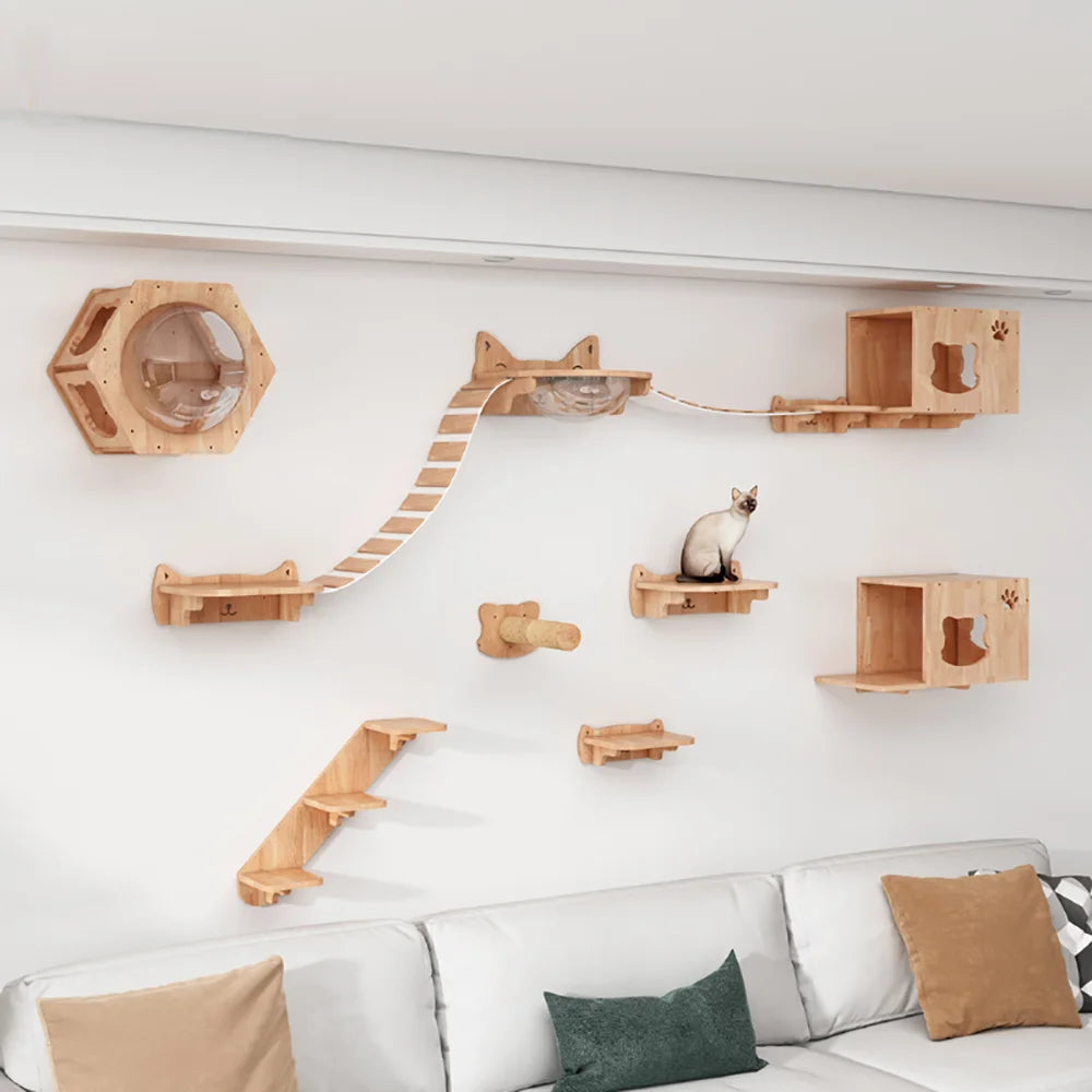 Cat Wall-Mounted Climbing Set – Wooden Hammocks, Perches, Sisal Ladder & Scratching Shelves