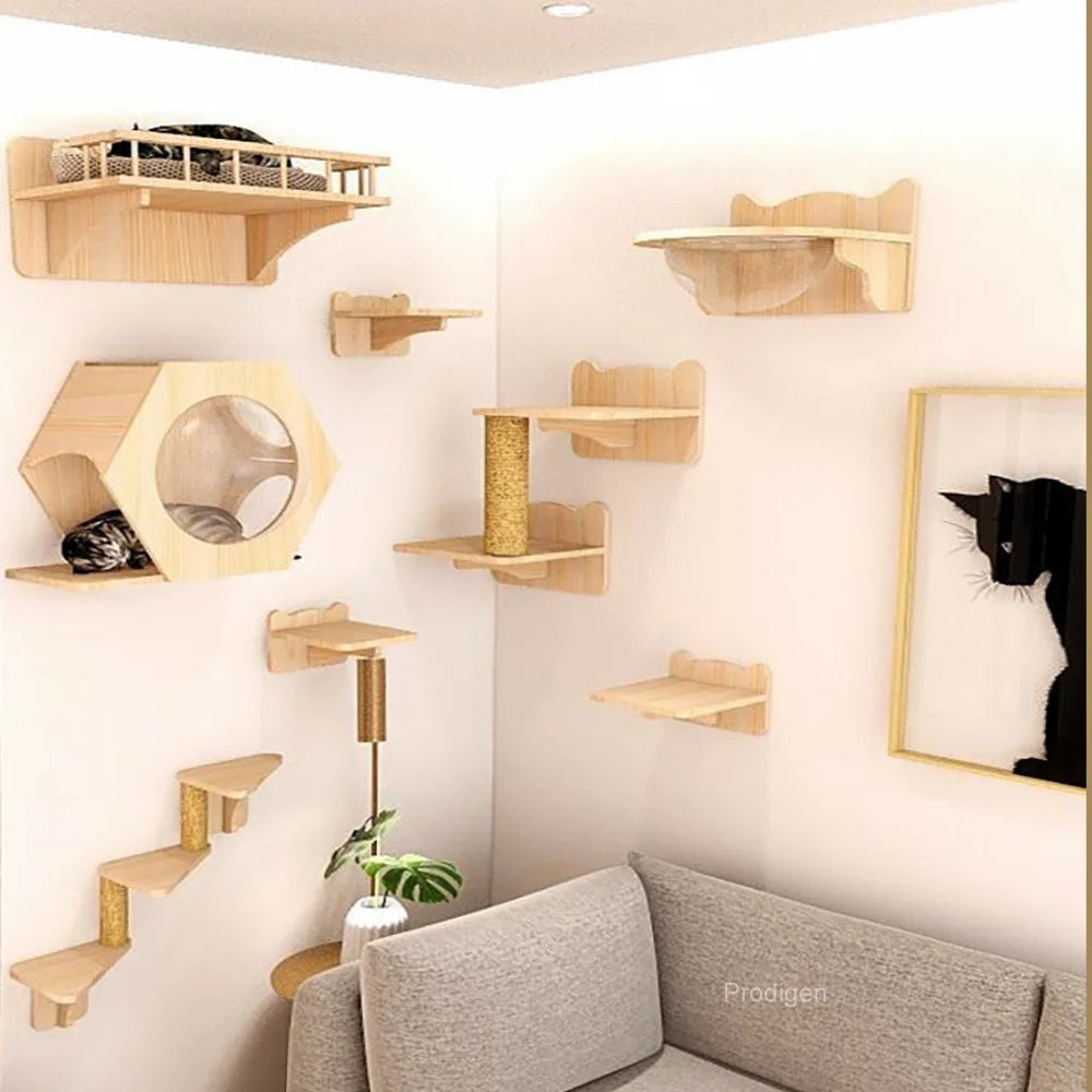Cat Wall-Mounted Climbing Set – Wooden Hammocks, Perches, Sisal Ladder & Scratching Shelves