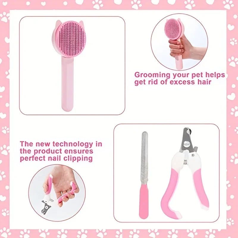 Purrfectly Pampered: 8-Piece Pink Grooming Kit for Cats & Small Pets
