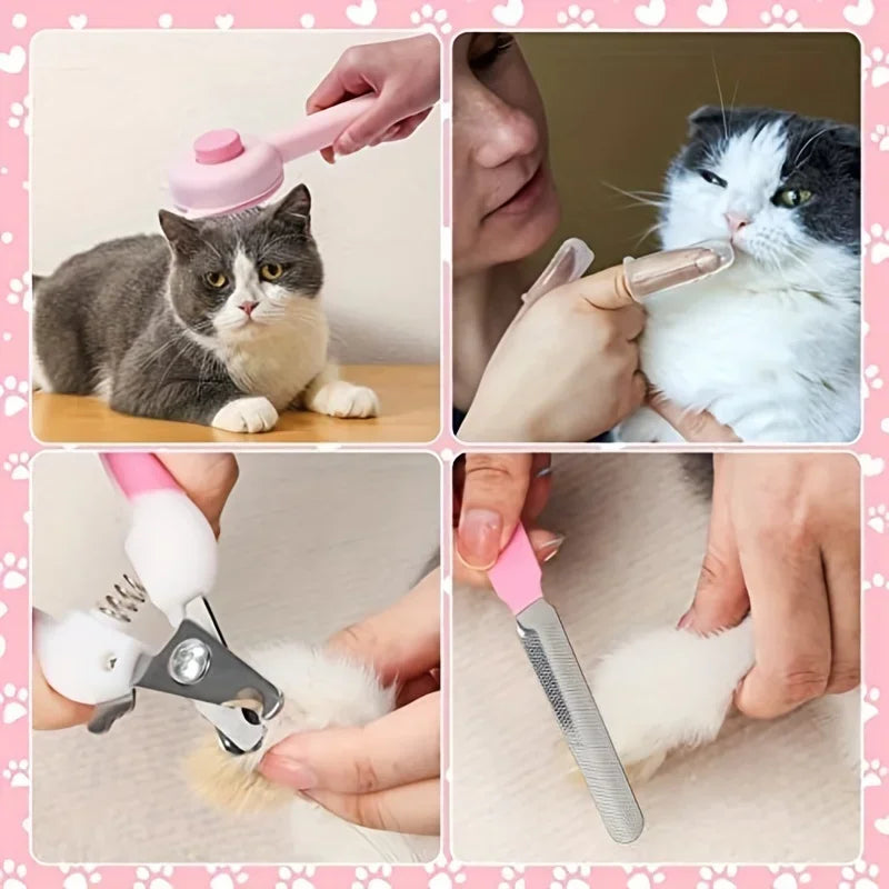 Purrfectly Pampered: 8-Piece Pink Grooming Kit for Cats & Small Pets