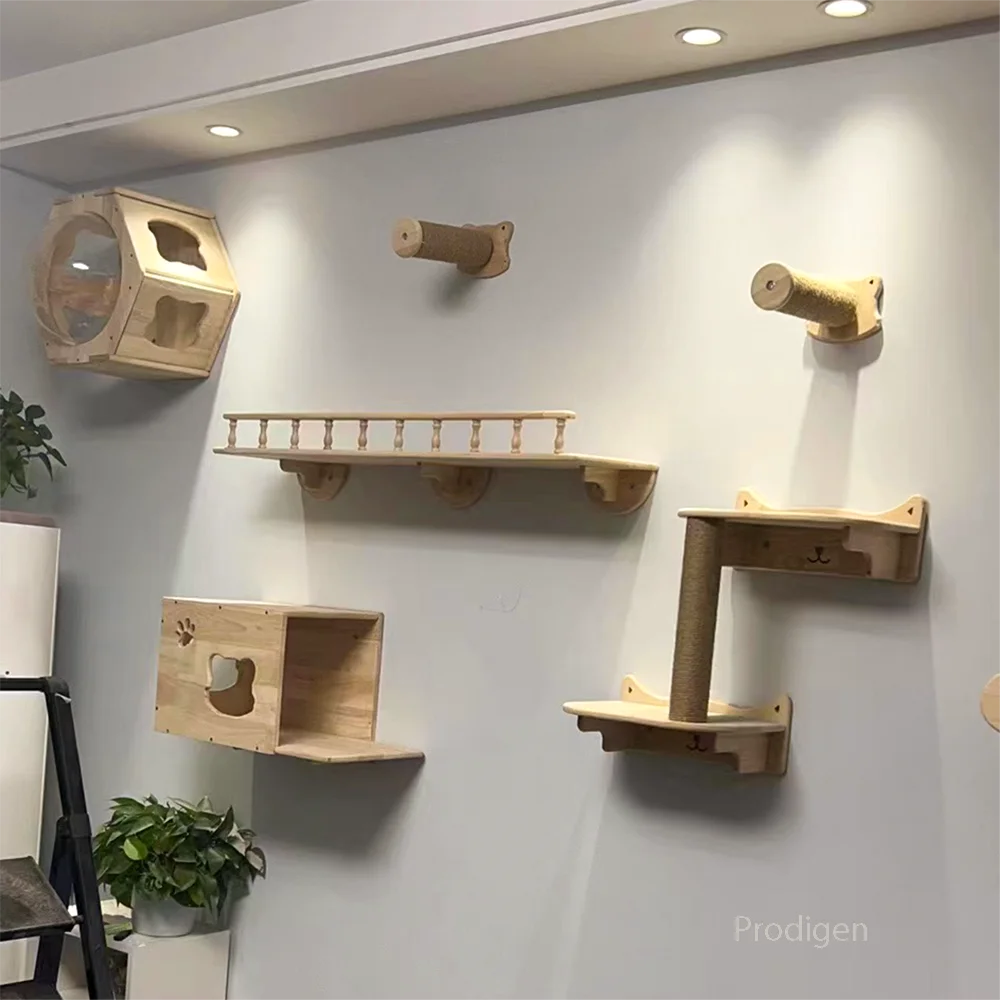 Cat Wall-Mounted Climbing Set – Wooden Hammocks, Perches, Sisal Ladder & Scratching Shelves