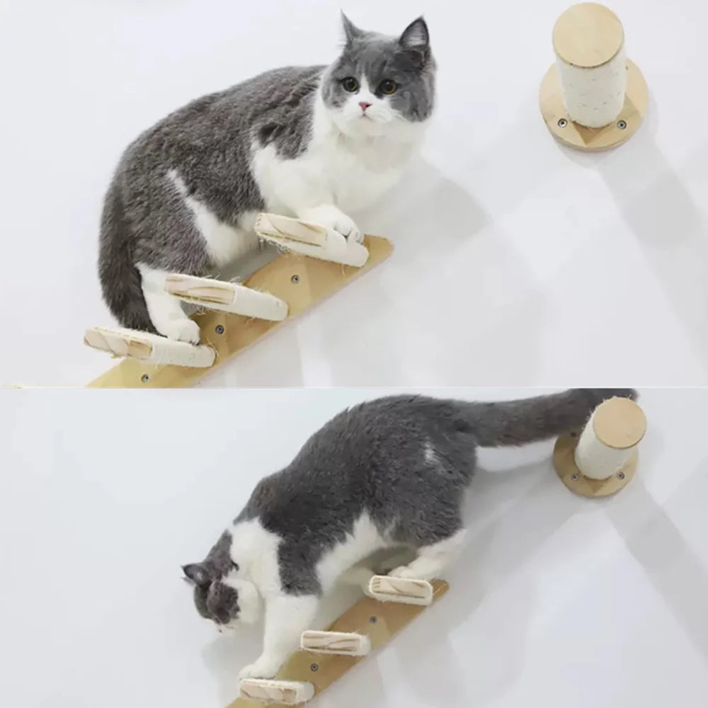 Cat Wall-Mounted Climbing Set – Wooden Hammocks, Perches, Sisal Ladder & Scratching Shelves