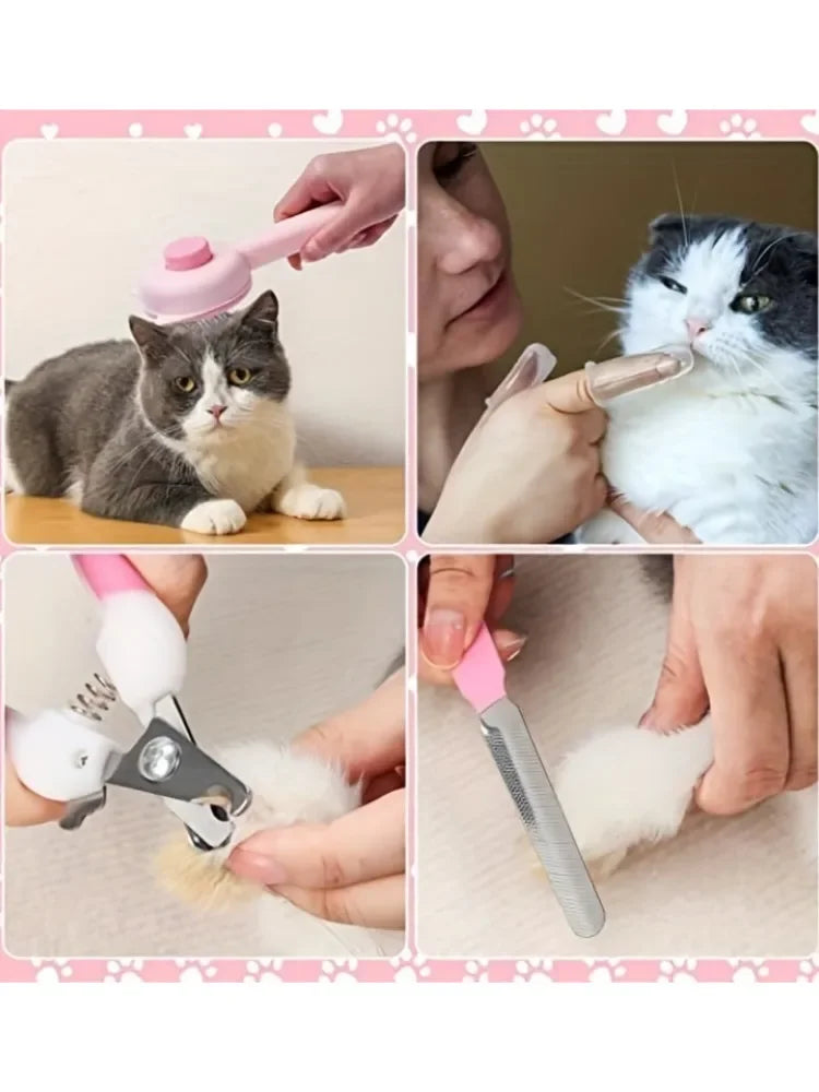 Purrfectly Pampered: 8-Piece Pink Grooming Kit for Cats & Small Pets