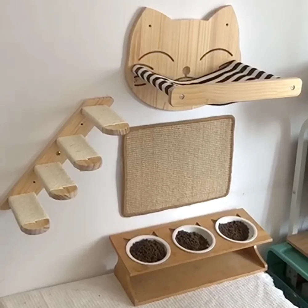 Cat Wall-Mounted Climbing Set – Wooden Hammocks, Perches, Sisal Ladder & Scratching Shelves