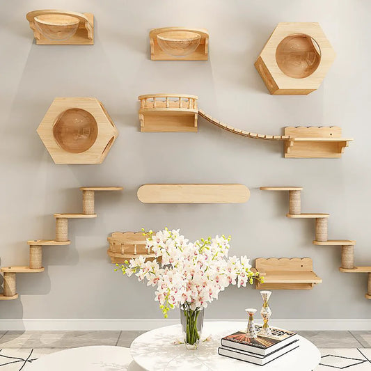 Cat Wall-Mounted Climbing Set – Wooden Hammocks, Perches, Sisal Ladder & Scratching Shelves