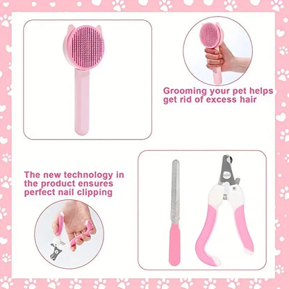 Purrfectly Pampered: 8-Piece Pink Grooming Kit for Cats & Small Pets