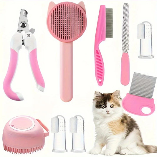Purrfectly Pampered: 8-Piece Pink Grooming Kit for Cats & Small Pets